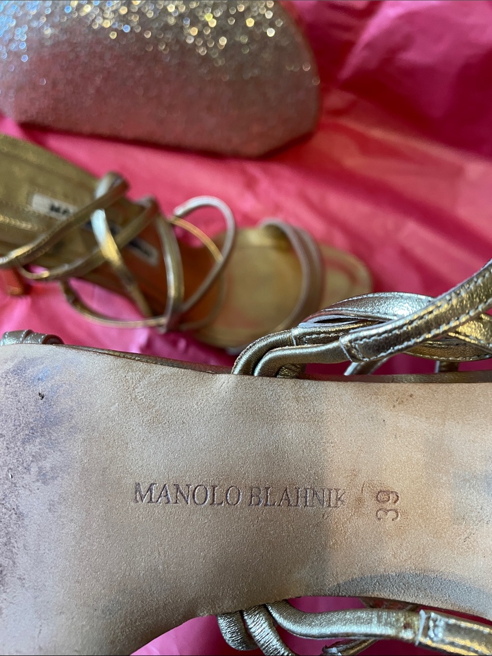 Manolo Blahnik Metallic Gold Multi-Strap Heeled Sandals - bonus cute gold clutch - Picture 6 of 14